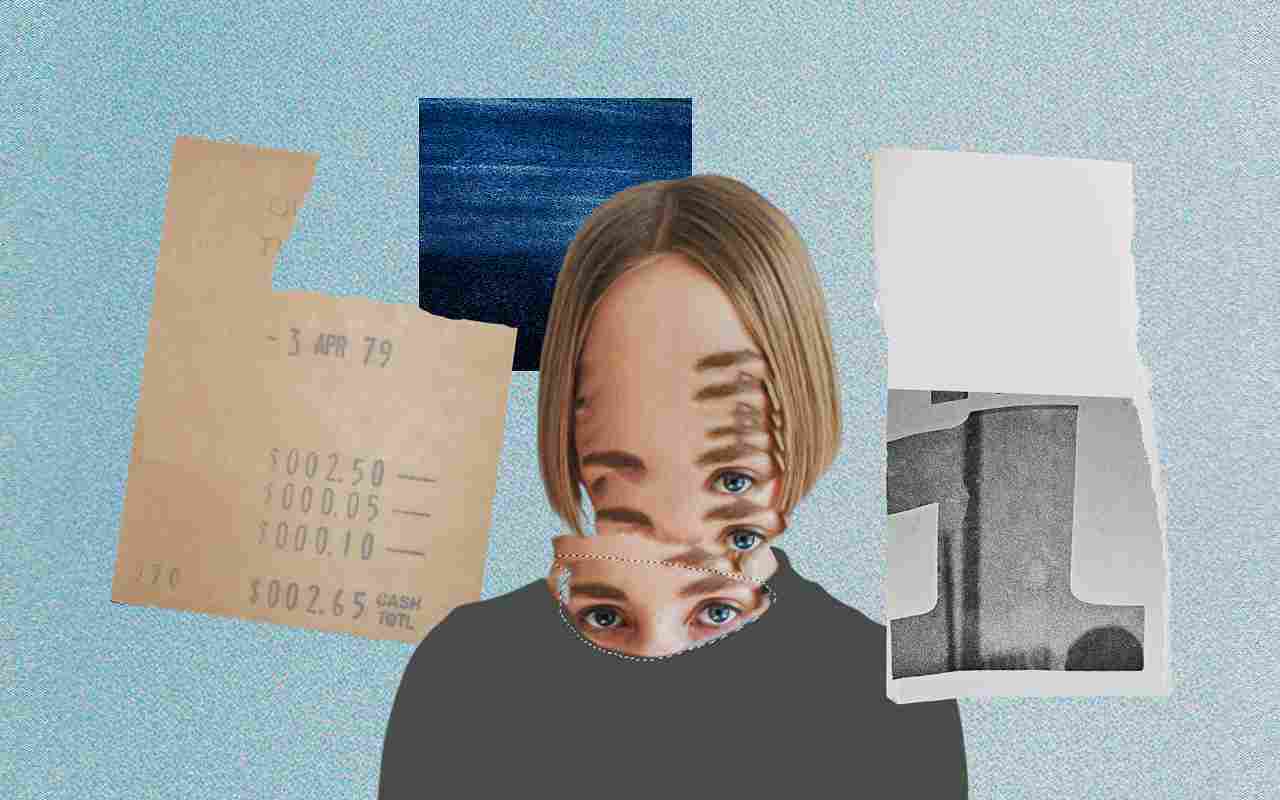 A portrait of a person with their face mirrored and vertically stretched, surrounded by archival papers and grainy textures. Dreamlike and disorienting.