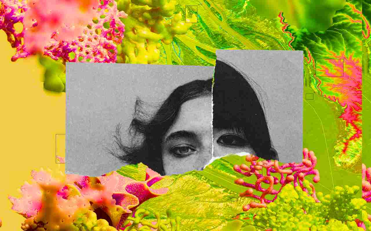 A torn grayscale portrait collage of a face placed over vivid pink and green florals.  Visually layered and surreal, evoking glitch and distortion.