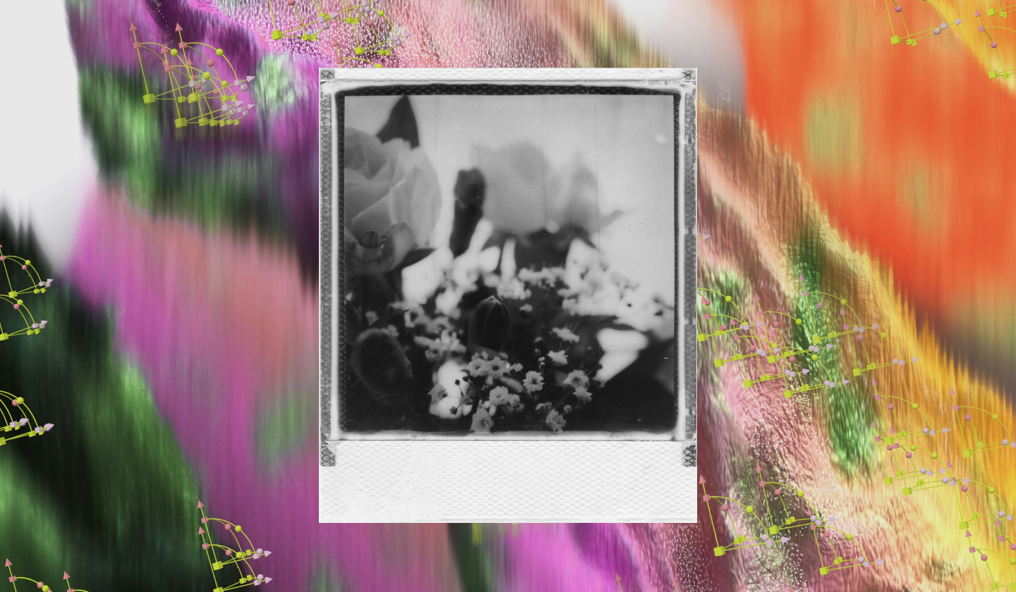 Black-and-white Polaroid photo of flowers layered on a colorful, abstract background with vector-like motion paths scattered across the image.