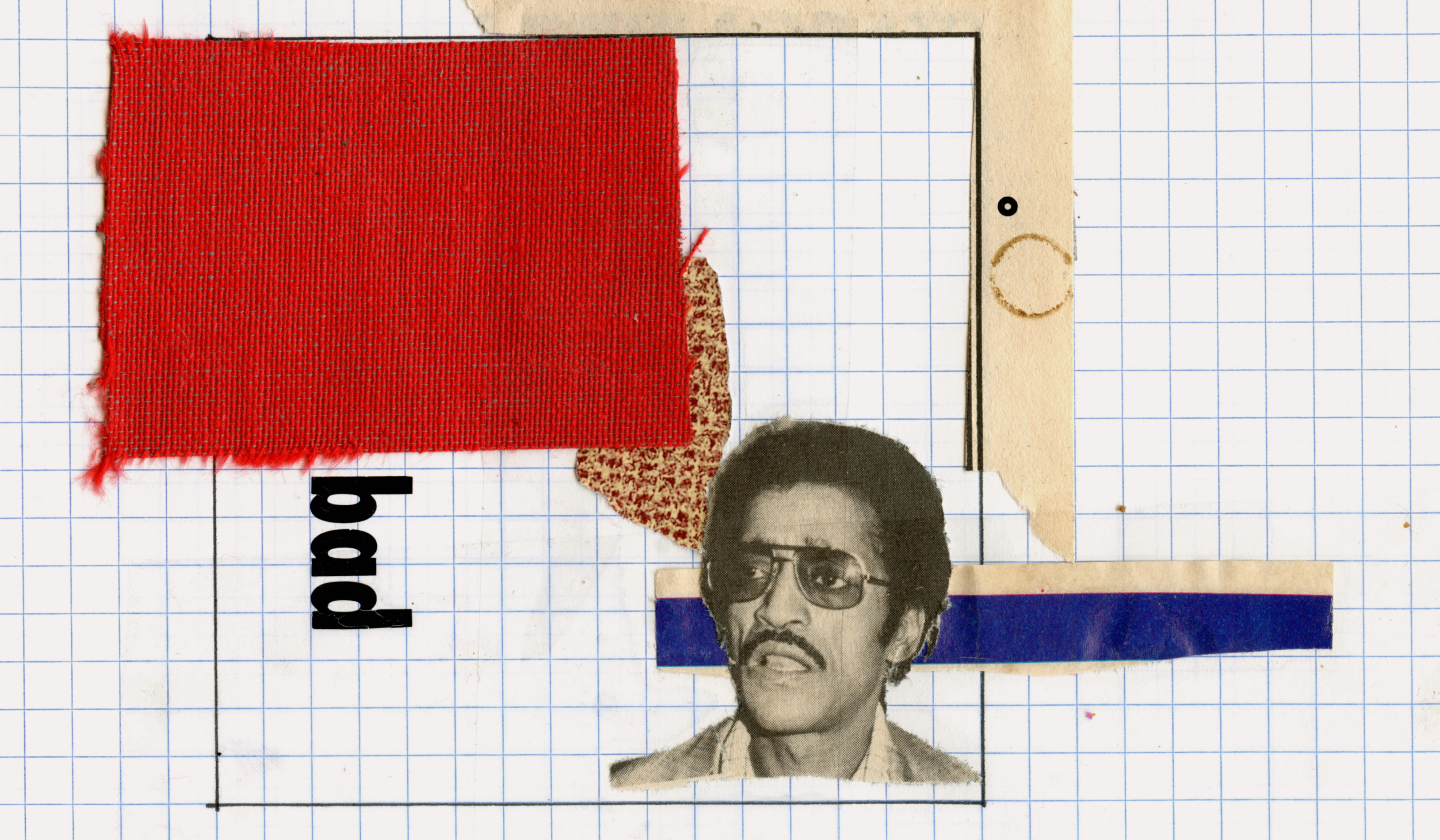 Collage on grid paper with a large square of frayed red fabric, the word “bad” in black letters, and a black-and-white cutout portrait of a man in sunglasses, combined with scraps of patterned and colored paper.