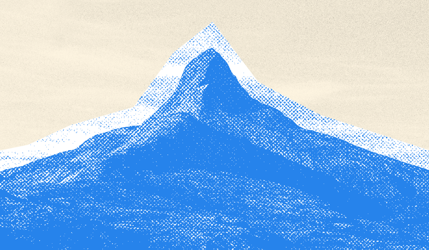 Halftone-style blue overlay of a mountain peak on a beige background, with textured shading giving it a graphic, poster-like effect.