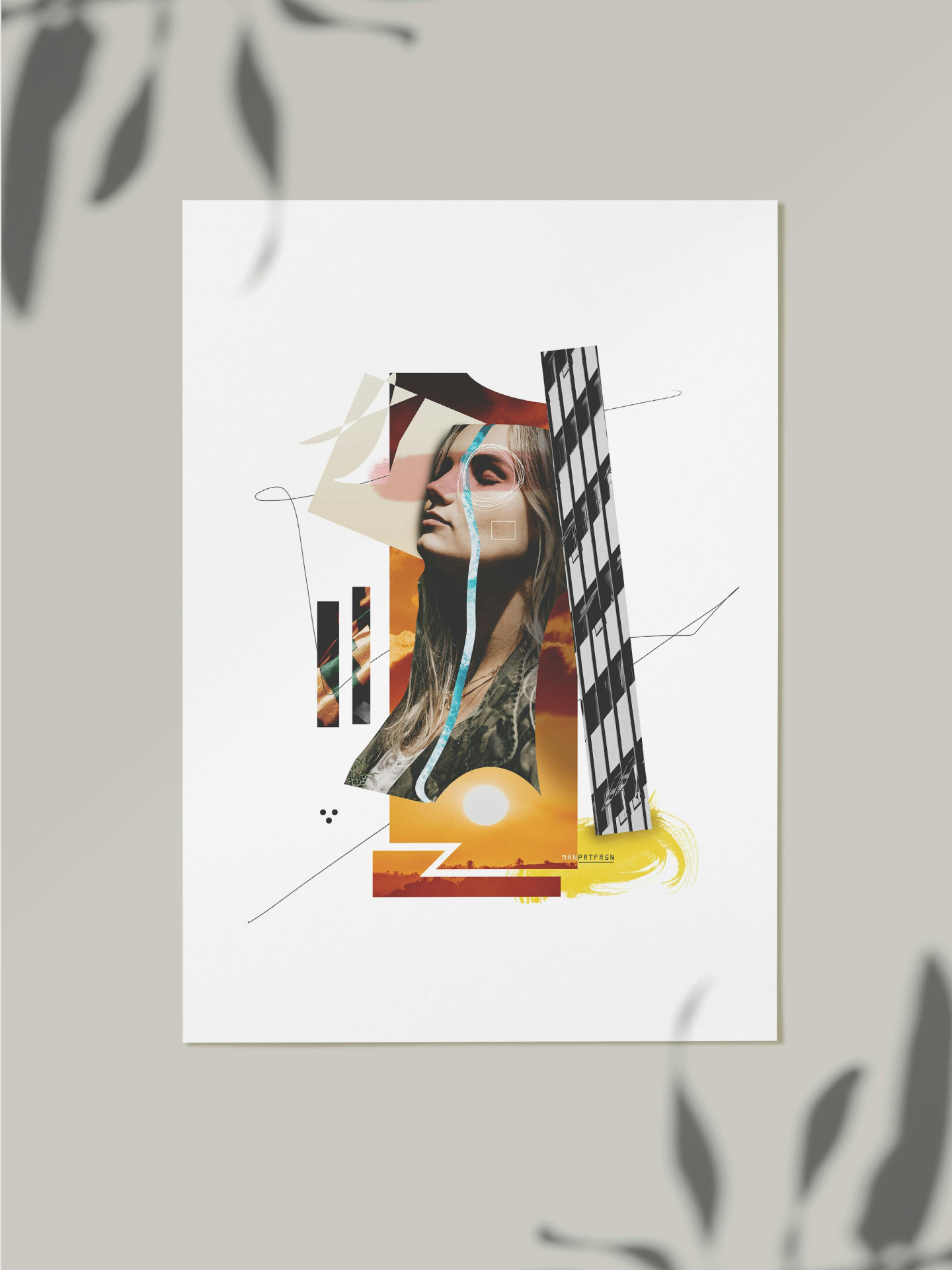 Mixed-media collage featuring a woman's portrait layered with geometric shapes, a black-and-white building fragment, abstract lines, and a sunset landscape, arranged on a white sheet with plant shadows cast around the edges.