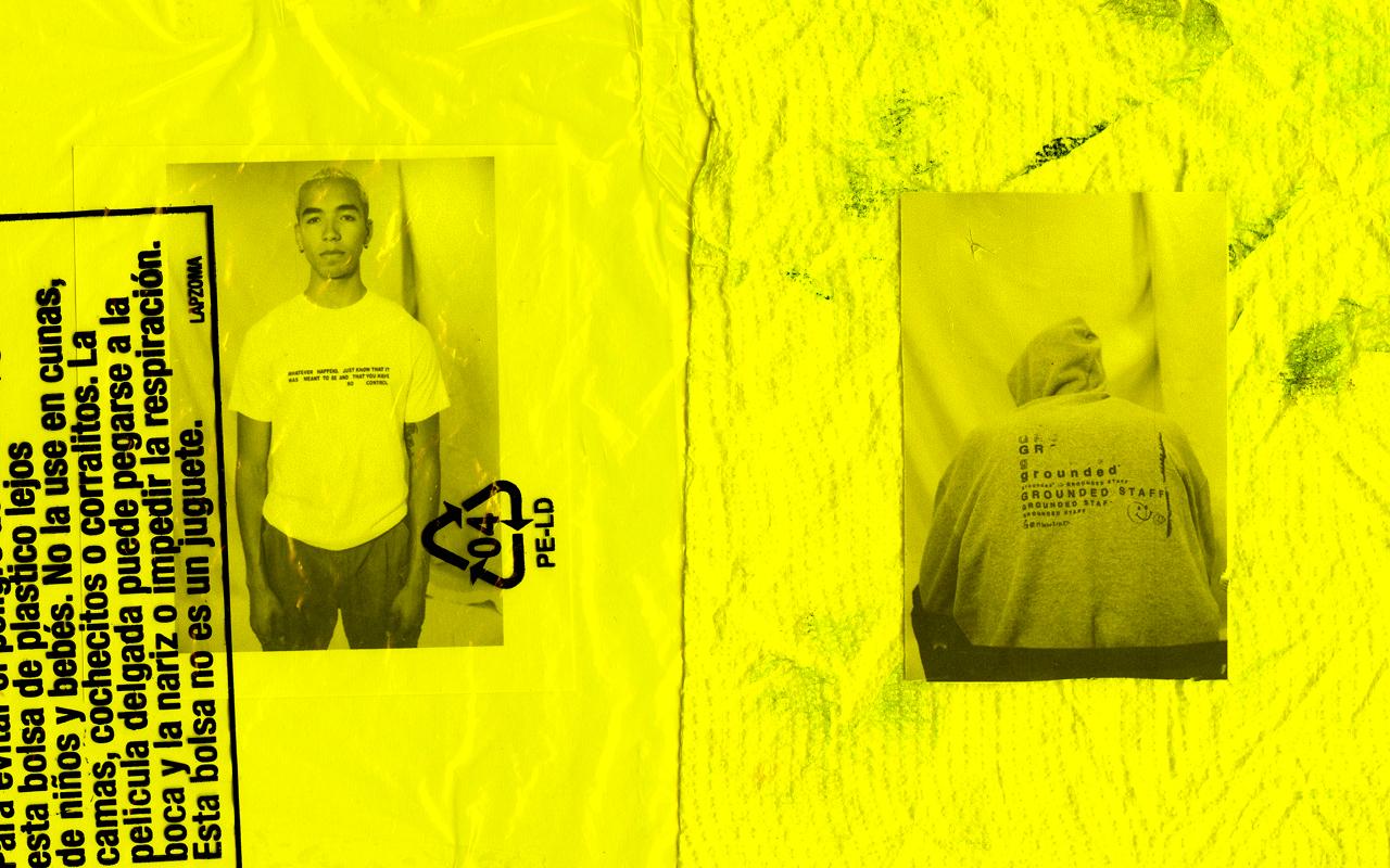 Two monochrome photographs overlaid on a bright yellow background: one of a person in a white t-shirt standing beside printed recycling symbols and Spanish text, the other of a person wearing a hoodie with their back turned. The background features wrinkled plastic textures.